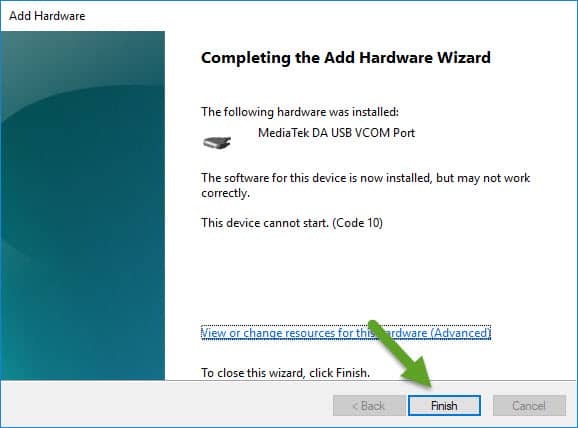 Completing the add hardware wizard VCOM Driver