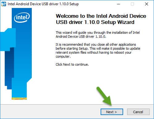 Welcome to Intel Android Device USB Driver Installation Wizard